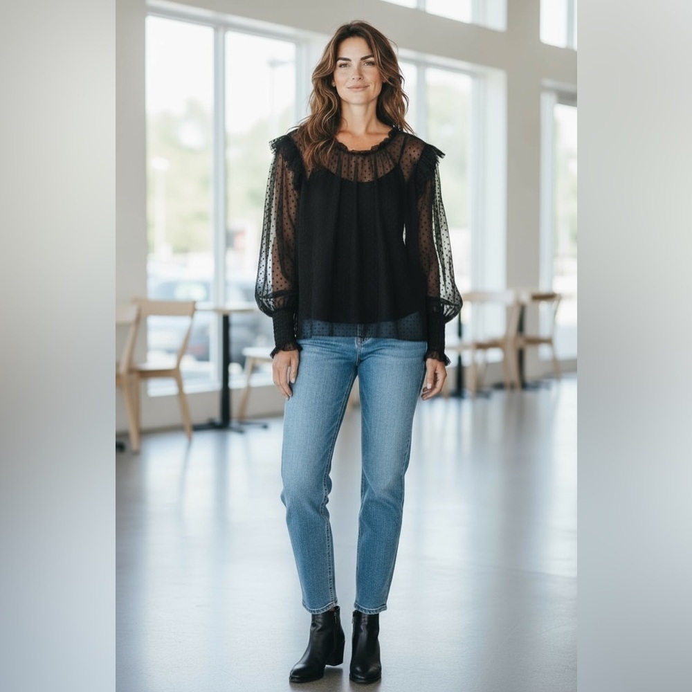 DRA Los Angeles Black Sheer Swiss Dot Blouse
